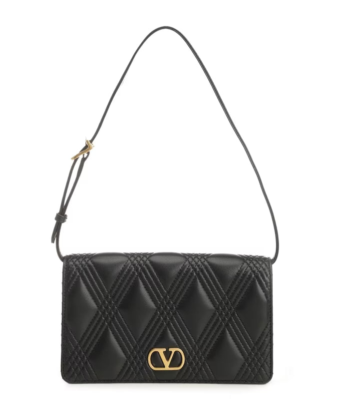 Black Leather Flap Bag with VLogo