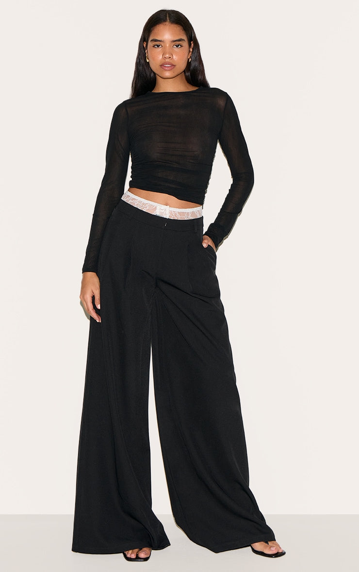 Tall Black Lace Detail Tailored Wide Leg Trousers
