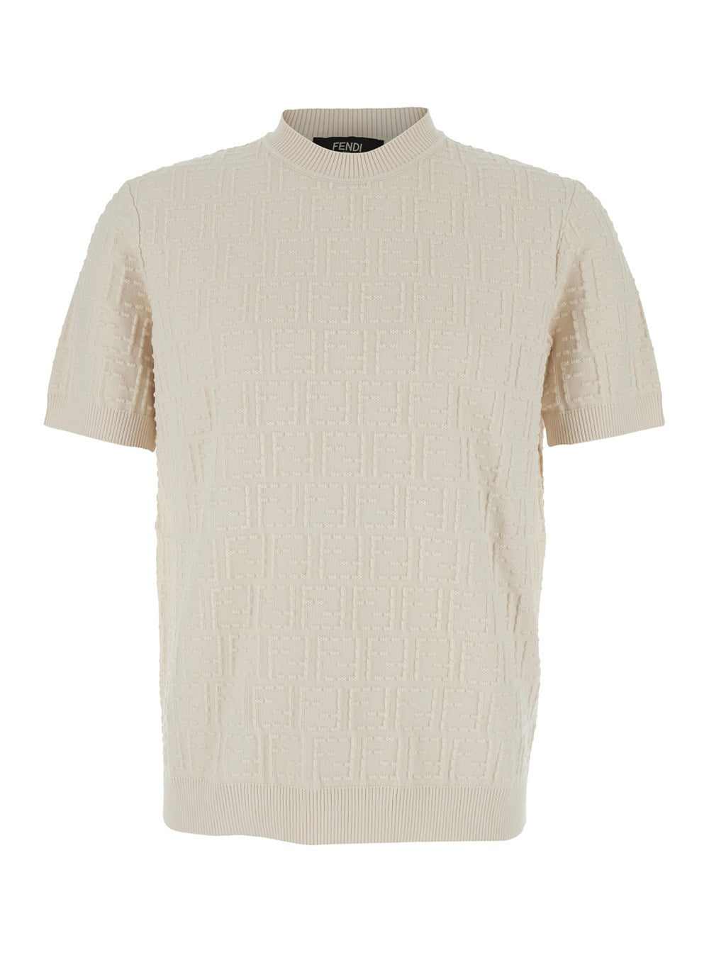 Fendi White Crewneck T-Shirt with All-Over FF Logo Embroidery in Cotton Man