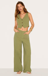 Khaki Linen Look Mid Rise Wide Leg Trouser