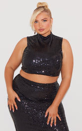 Plus Black Sequin High Neck Crop Top