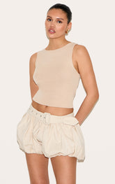 Natural Linen Blend Belted Puffball Mini Skirt