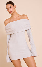 Grey Textured Bardot Long Sleeve Bodycon Dress