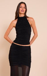 Black Mesh Ruched Backless Halterneck