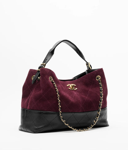 Small Tote Suede Calfskin, Shiny Lambskin & Gold-Tone Metal Burgundy & Black