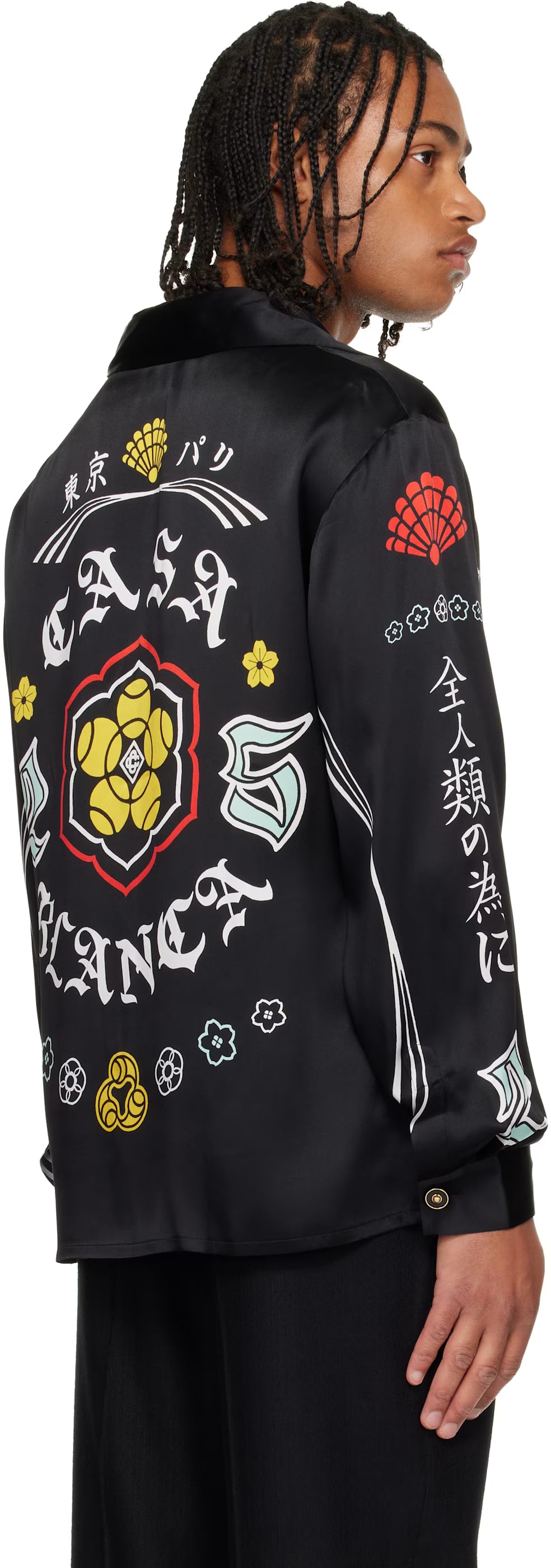 Black Emblem Long Sleeve Silk Satin Shirt