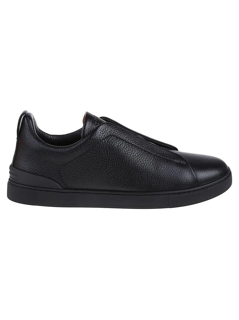 Zegna Men's Triple Stitch Low-Top Sneakers in Black Deer & Cow Leather – Made in Italy