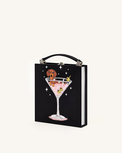 Taya Wine Glass Puppy Pattern Book Shape Clutch Bag - Black