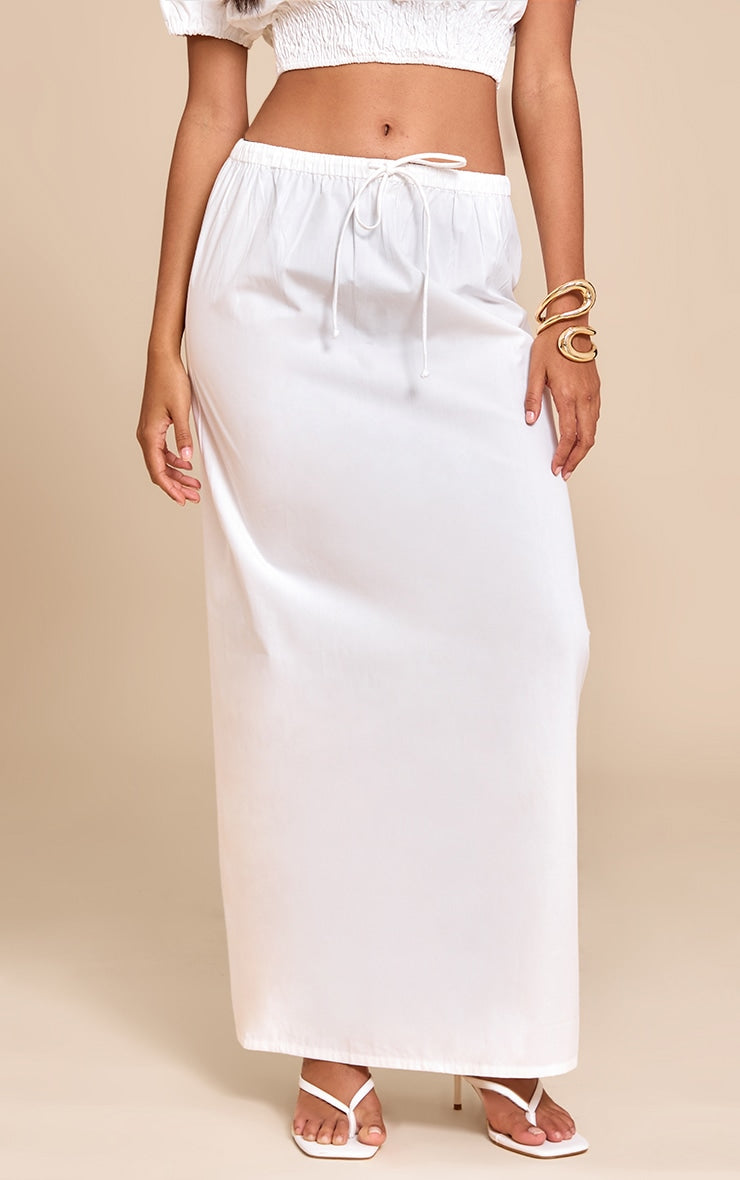 White Cotton Drawstring Tie Maxi Skirt