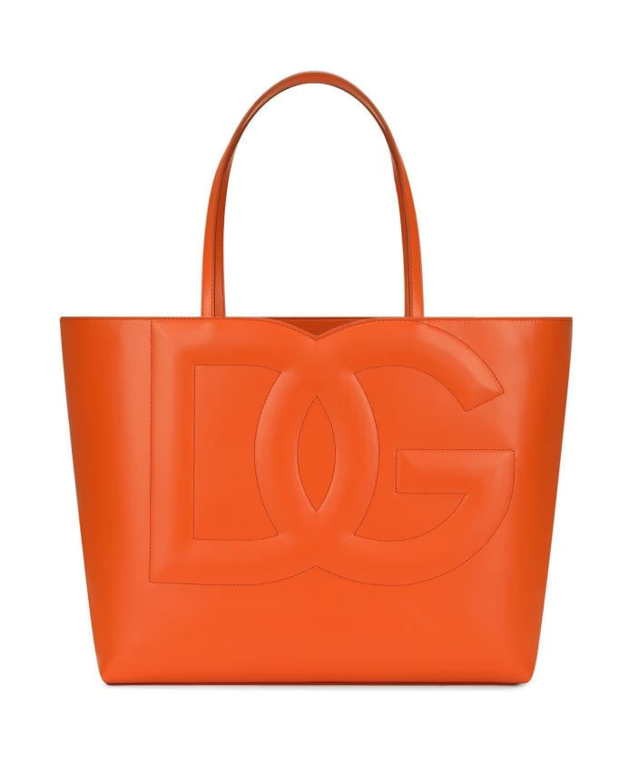 Orange Embossed Logo Leather Tote Bag