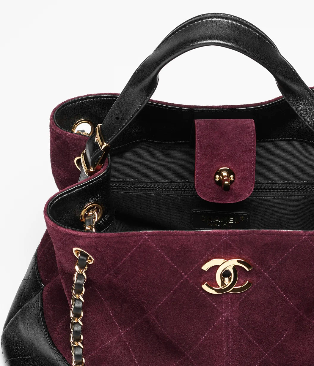 Small Tote Suede Calfskin, Shiny Lambskin & Gold-Tone Metal Burgundy & Black