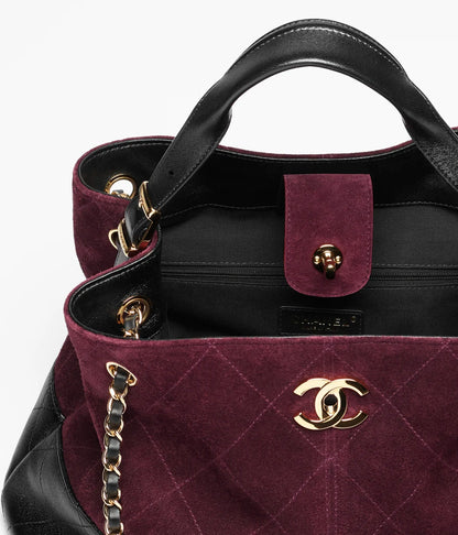 Small Tote Suede Calfskin, Shiny Lambskin & Gold-Tone Metal Burgundy & Black