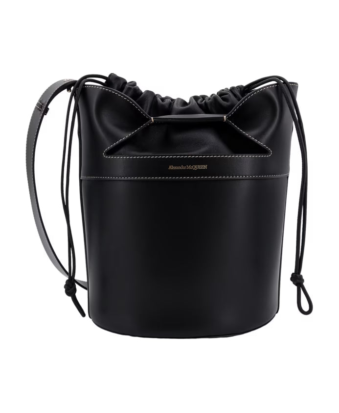 Black Bucket Bag Backpack with Leather Drawstring