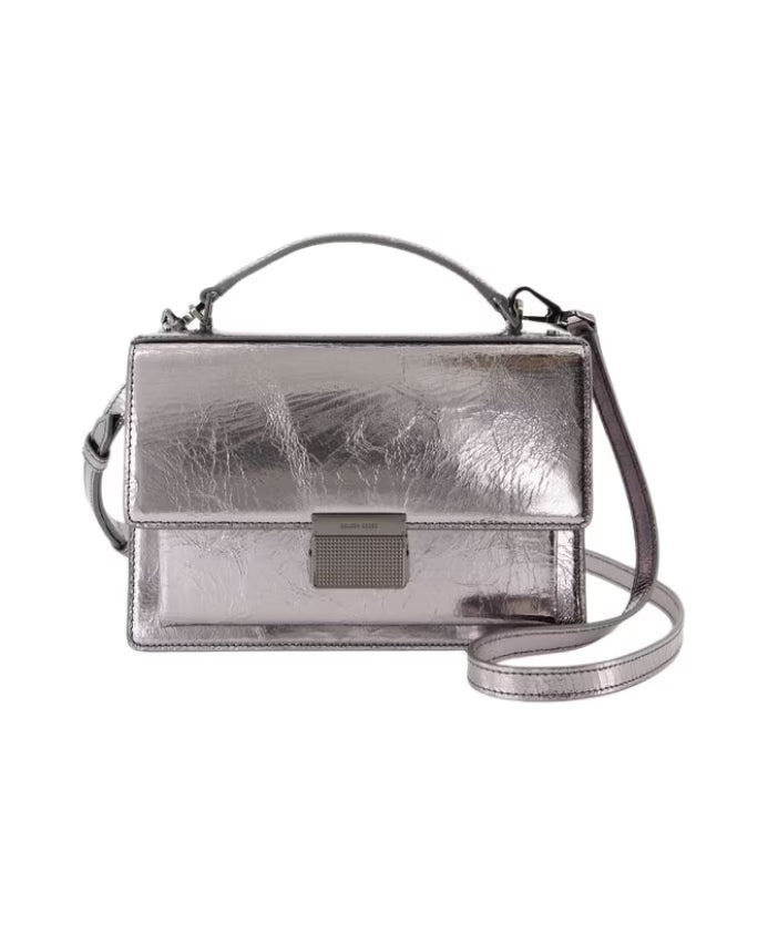 Silver Leather Handbag with Top Handle
