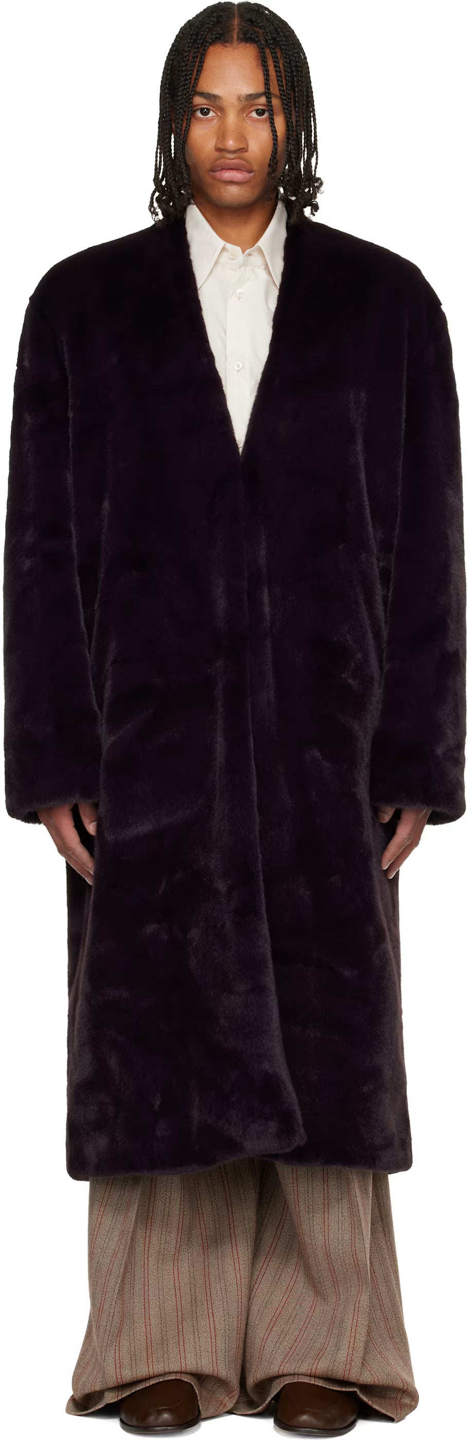 Burgundy Shawl Faux-Fur Coat