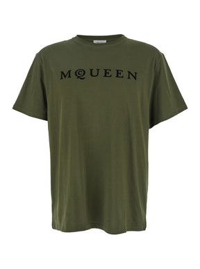 Alexander mcqueen Green Crewneck T-Shirt with Logo Print on the Front in Cotton Man