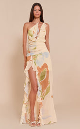 Cream Floral Chiffon Frill Plunge Strappy Maxi Dress