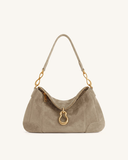 Jayla Faux Suede Metal Pendant Embellished Shoulder Bag - Brown