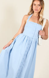 Blue Woven Button Collar Midaxi Dress
