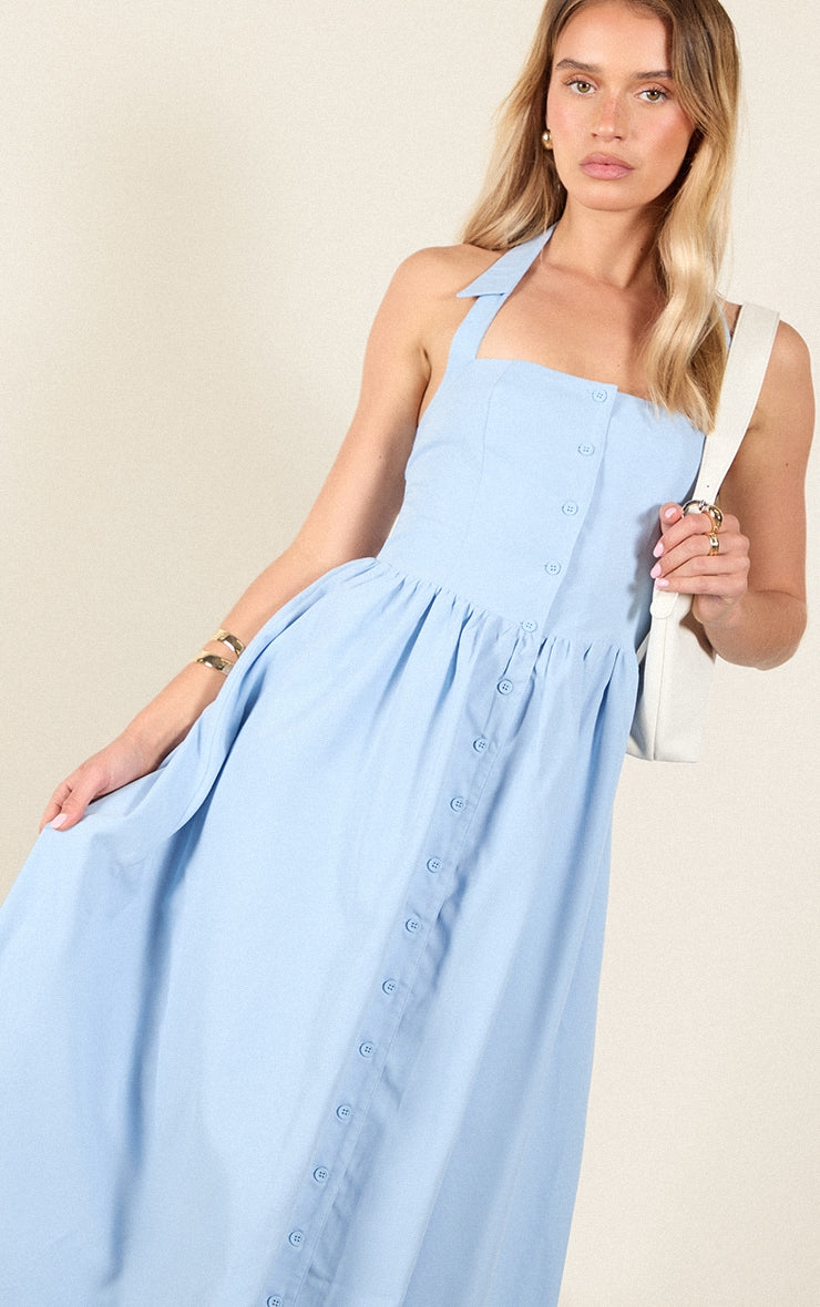 Blue Woven Button Collar Midaxi Dress