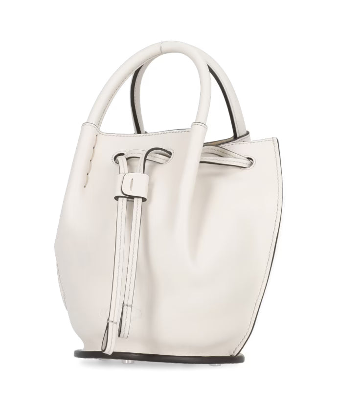 Beige Leather Bucket Bag with Drawstrings