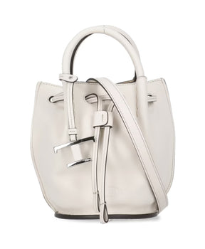 Beige Leather Bucket Bag with Drawstrings