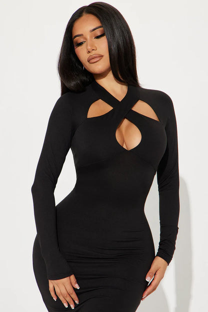 Emily Cross Front Midi Dress - Black
