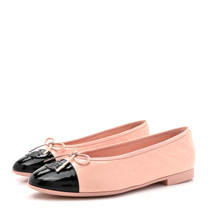 Shiny Crumpled Calfskin Patent CC Cap Toe Ballerina Flats