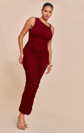 Plus Deep Red Double Layer Mesh Boat Neck Ruched Maxi Dress