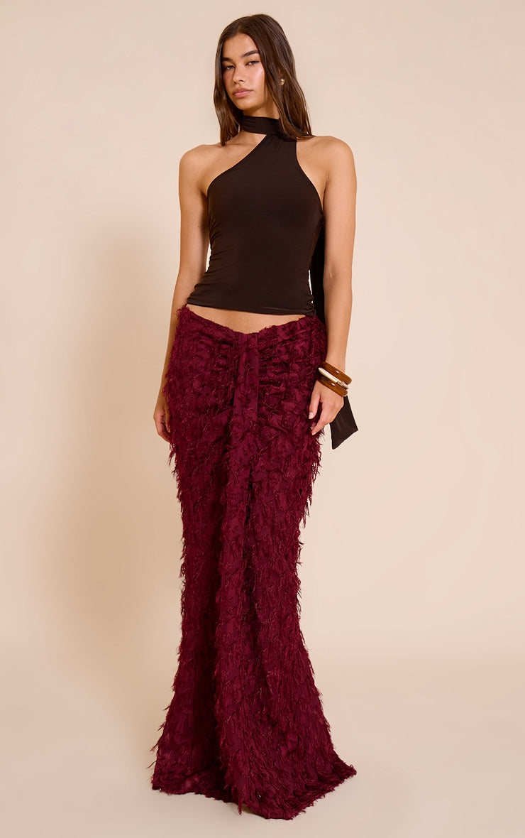 Deep Red Distressed Woven Dip Waist Maxi Skirt