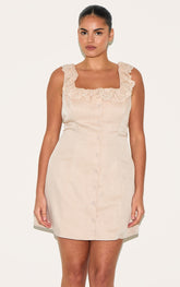 Plus Warm Beige Lace Button Up Trim Corset A-line Dress