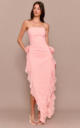 Blush  Floral Bandeau Corsage Frill Detail Midaxi Dress