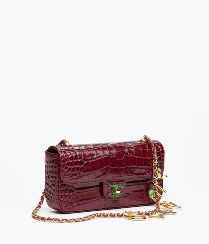 Small Flap Bag Crocodile Embossed Calfskin, Enamel & Gold-Tone Metal Dark Burgundy