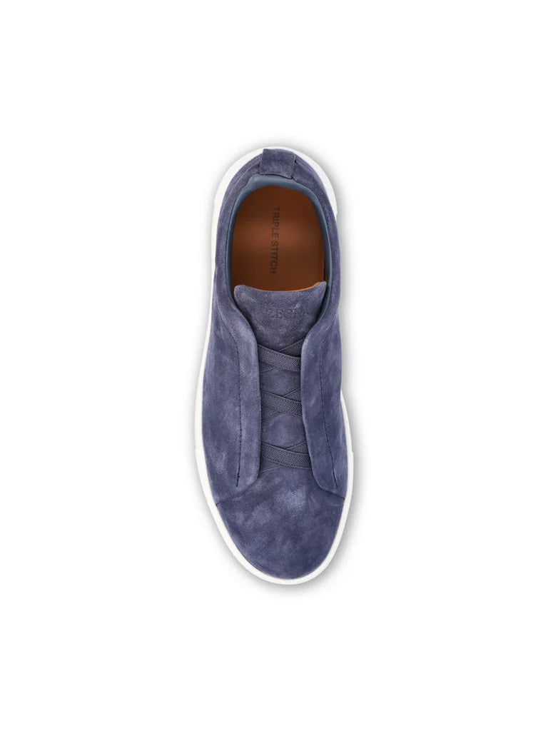 Zegna Men’s Triple Stitch™ Blue Suede Slip-On Sneakers – Made in Italy | Smart Casual Luxury