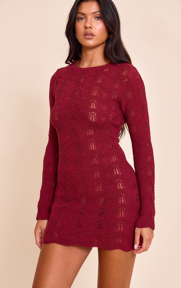 Wine Long Sleeve Backless Mini Dress