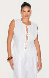 Plus White Linen Tie Front Waistcoat