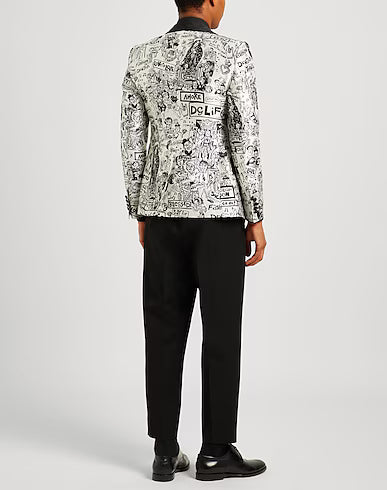 Men’s Crepe Single-Breasted Blazer with Logo & Multipockets | Two-Tone Formal Jacket
