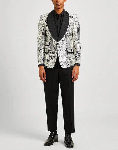 Men’s Crepe Single-Breasted Blazer with Logo & Multipockets | Two-Tone Formal Jacket