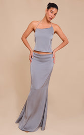 Grey Satin Mid Rise Maxi Skirt