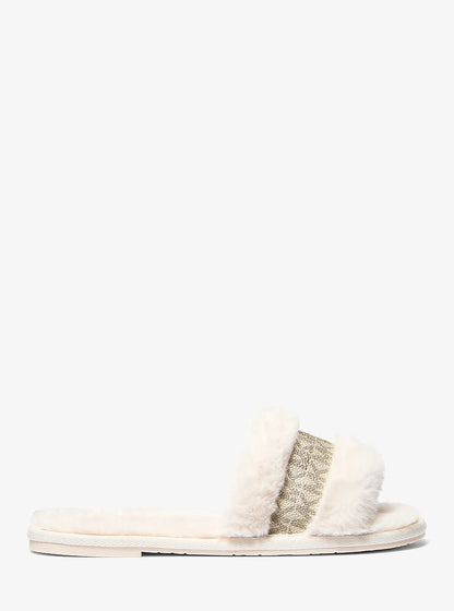 Alexis Faux Fur and Metallic Signature Logo Slide Sandal