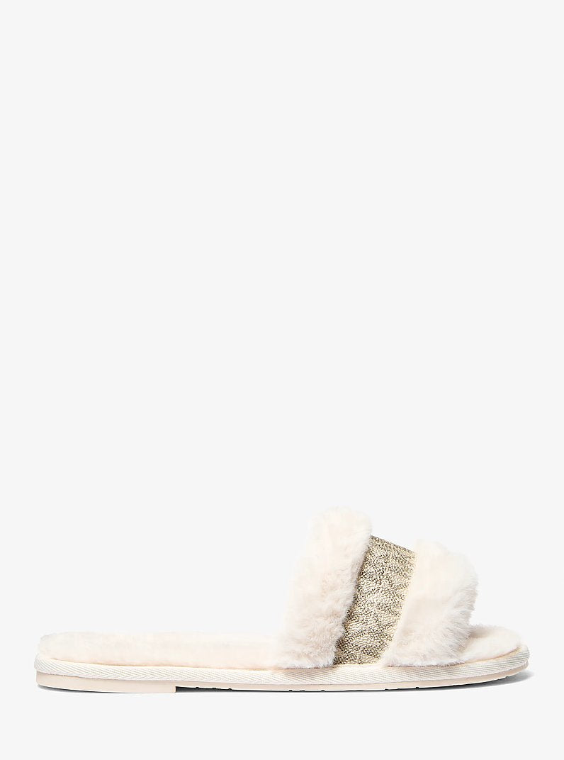 Alexis Faux Fur and Metallic Signature Logo Slide Sandal