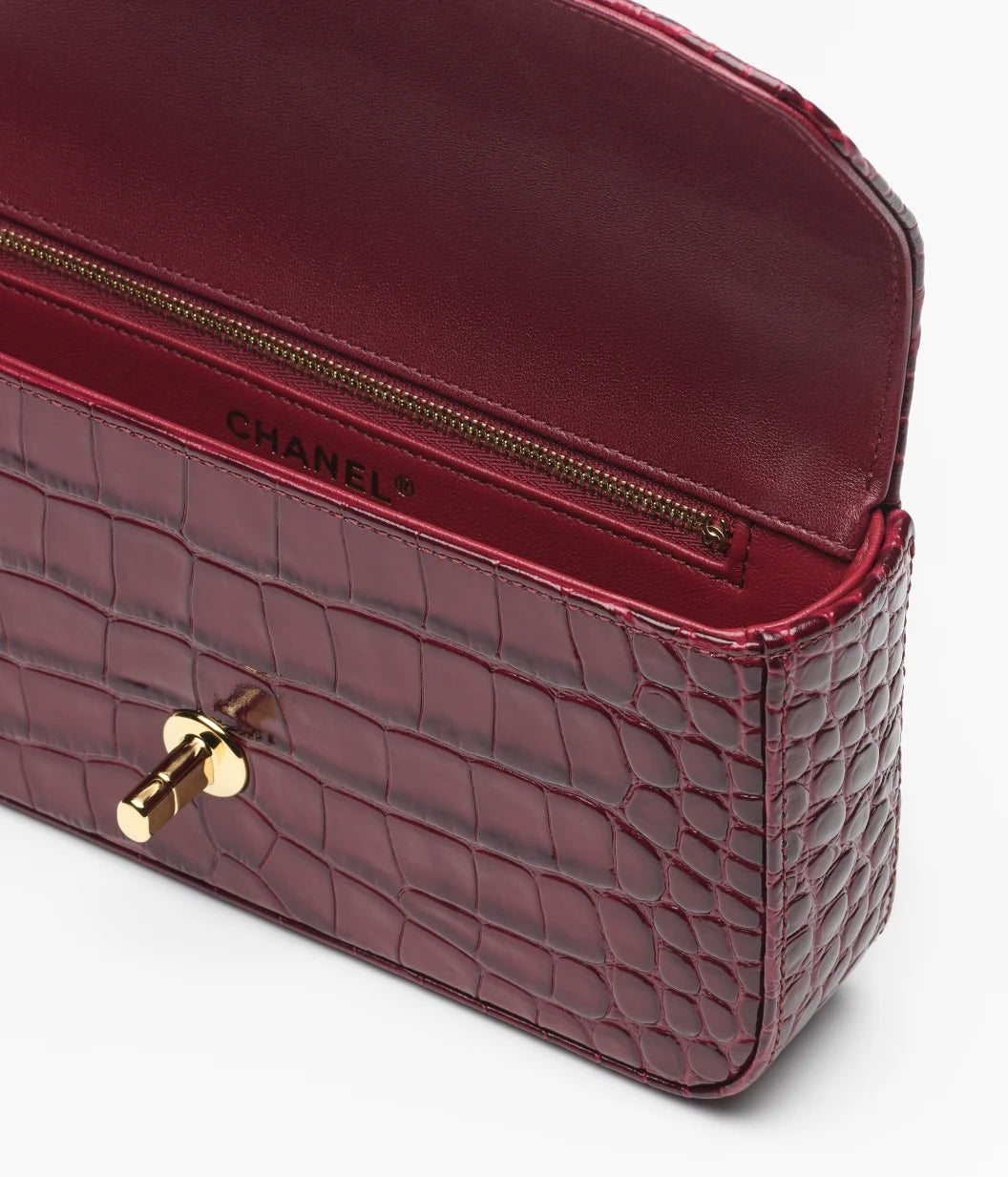 Small Flap Bag Crocodile Embossed Calfskin, Enamel & Gold-Tone Metal Dark Burgundy