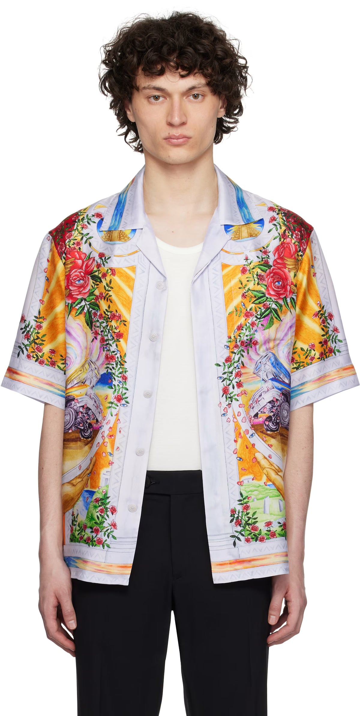 Multicolor 'La Tornade De Rose' Short Sleeve Silk Shirt