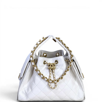 Chanel 25 Small Handbag White Grained Calfskin