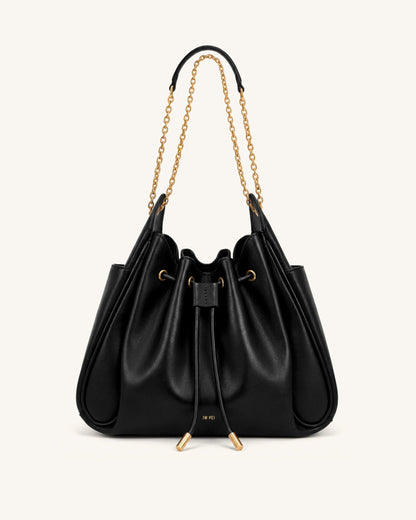 Rowan Ruched Drawstring Chain Bucket Bag - Dark Red Croc