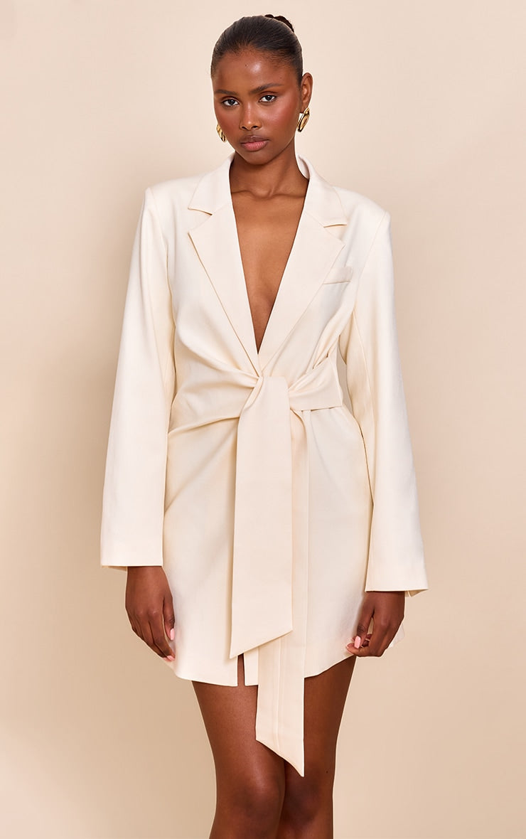Almond Woven Blazer Side Tie Mini Dress