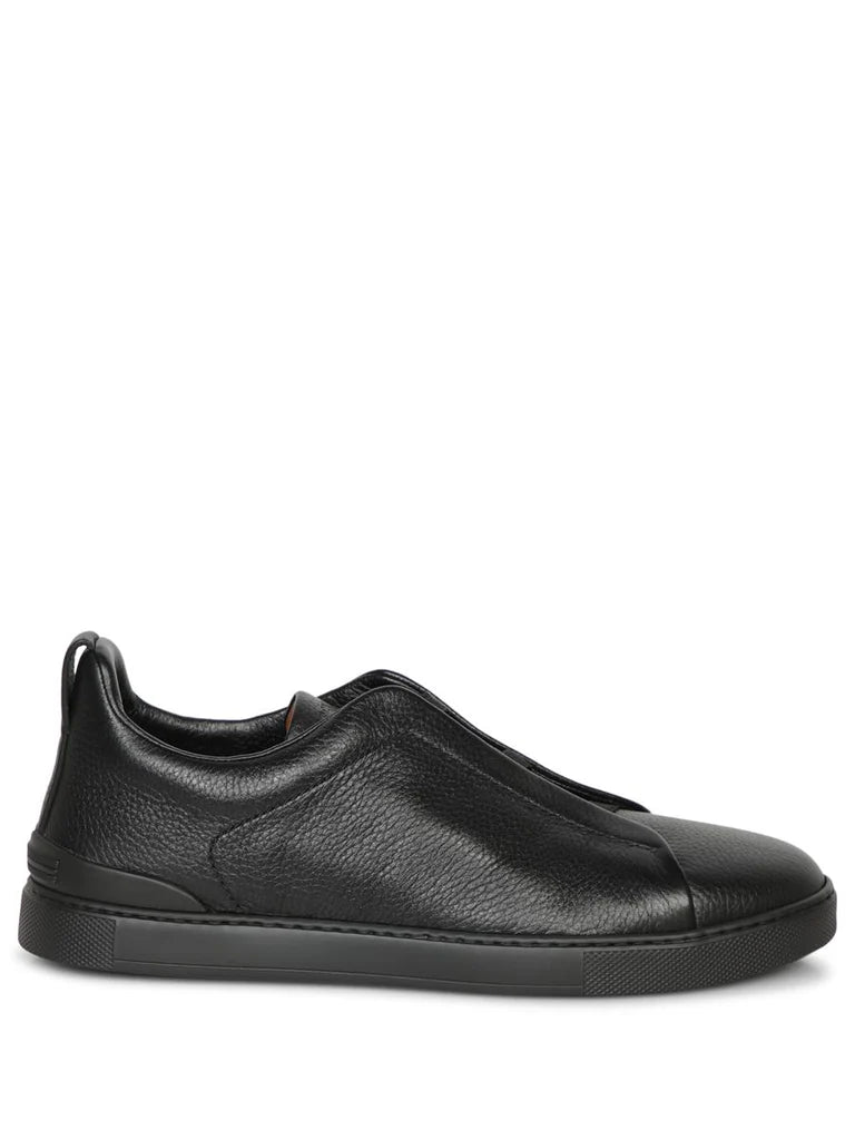 Zegna Men’s Triple Stitch™ Black Leather Slip-On Sneakers – Modern Luxury & Comfort