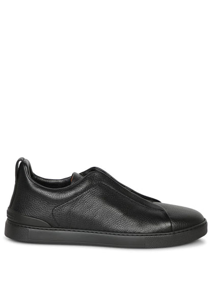 Zegna Men’s Triple Stitch™ Black Leather Slip-On Sneakers – Modern Luxury & Comfort