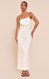 White Woven Tailored Bandeau Ruched Midaxi Dress
