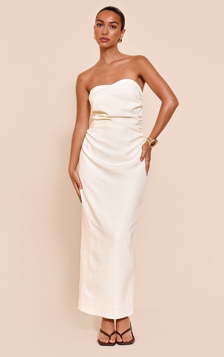 White Woven Tailored Bandeau Ruched Midaxi Dress